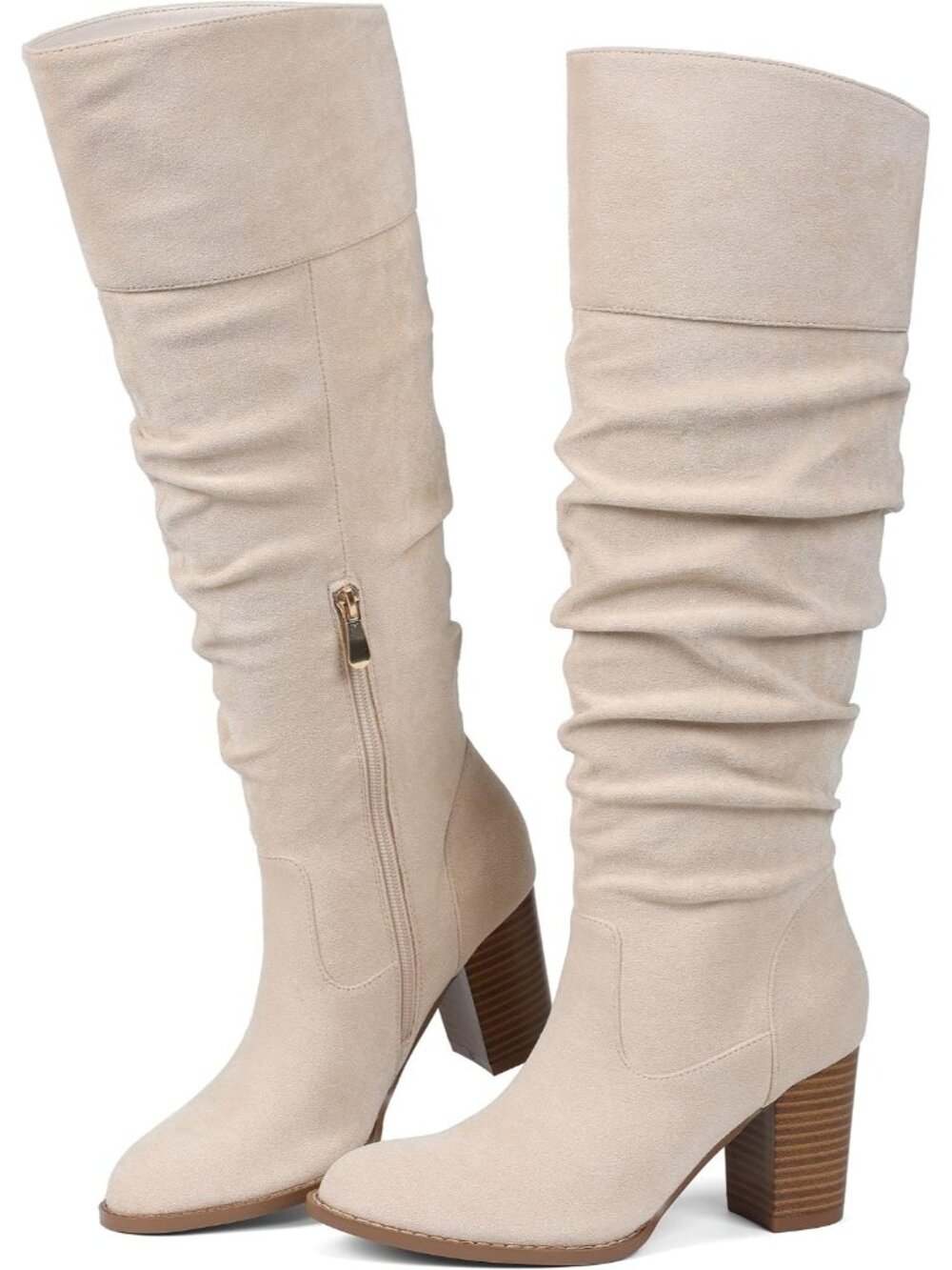 🆕Women's Beige Suede Slouch Knee High Boots Round Toe Chunky Block Heel Shoes